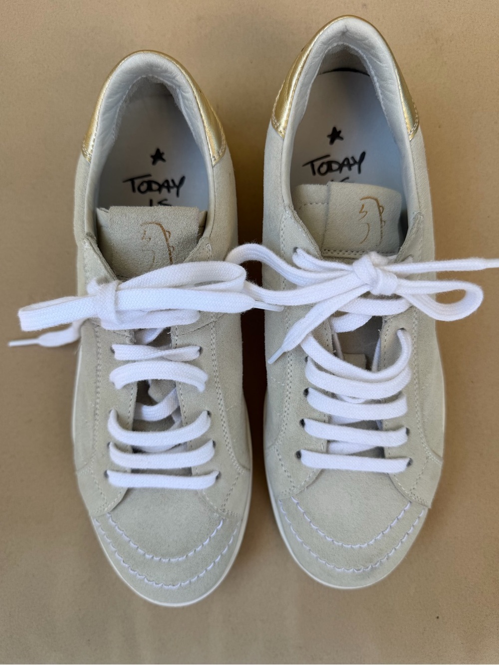 Women's Light Gray Suede Sneakers with Gold Heel Accent